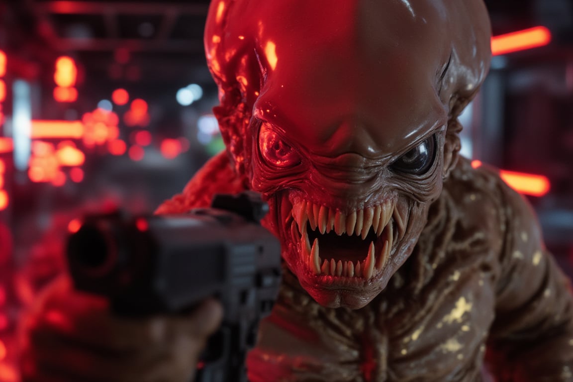 A close-up shot of the extraterrestrial's snarling face, the camera positioned directly in front of it to emphasize its menacing demeanor. The neon lighting , with a hint of red tint to accentuate the alien's fiery gaze. Its teeth are bared, revealing sharp, pointed fangs, as it growls at me through gritted lips. In the background, a blurry, metallic environment stretches out, adding to the sense of tension and foreboding. The composition focuses on the alien's agitated face, with the gun raised and ready to fire, casting a dark shadow across its features.