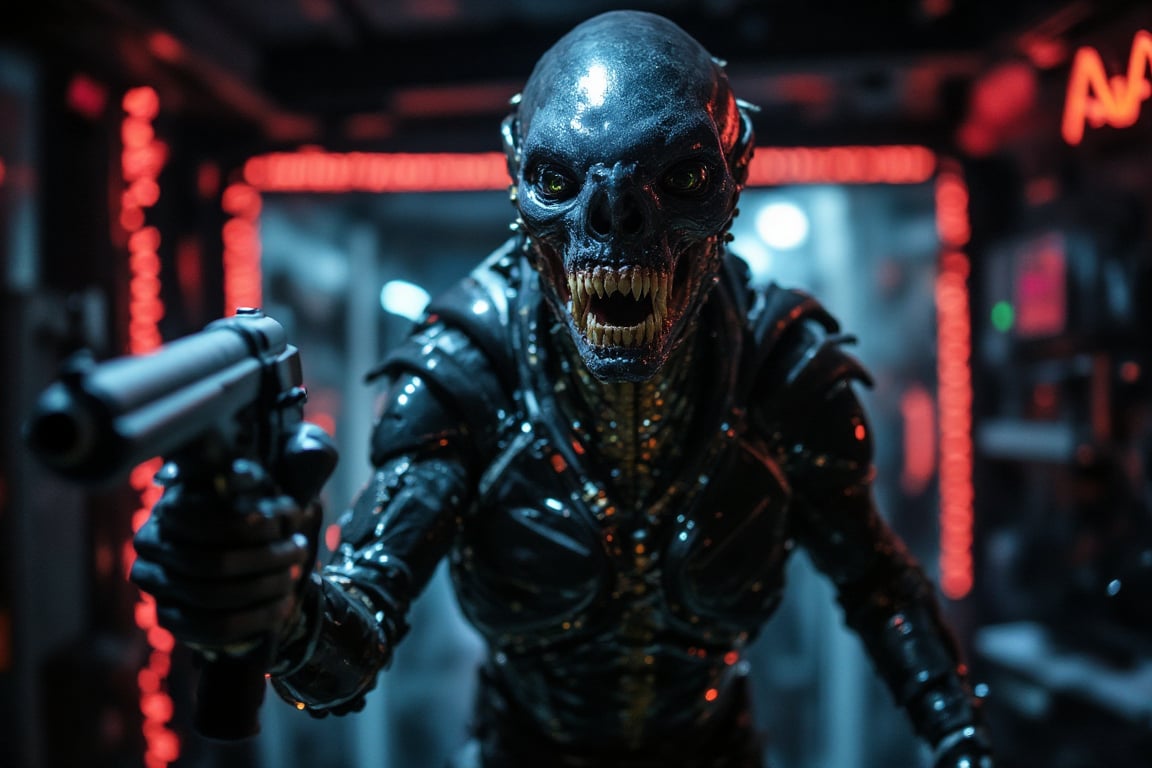 A close-up shot of the extraterrestrial's snarling face, the camera positioned directly in front of it to emphasize its menacing demeanor. the alien is wearing a enhanced rmechanical suiit, The neon lighting , with a hint of red tint to accentuate the alien's fiery gaze. Its teeth are bared, revealing sharp, pointed fangs, as it growls at me through gritted lips. In the background, a blurry, metallic environment stretches out, adding to the sense of tension and foreboding. The composition focuses on the alien's agitated face, with the gun raised and ready to fire, casting a dark shadow across its features.