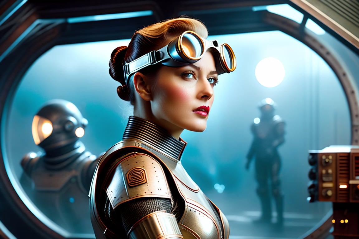 A tense standoff unfolds within the foggy confines of a retro-futuristic spaceship. Fritz Lang's protagonist stands firm, a robot is working, clad in worn leather and goggles, as two women and one man clad in steam-powered armor prepare for battle against an otherworldly foe. A striking female figure, donning a metallic spacesuit and 1910-era hairstyles, a robot assits them, fixes her gaze on the encroaching extraterrestrial threat. Amidst the chaos, she remains steadfast. The dimly lit interior is illuminated only by the eerie glow of the moonlit metropolis visible through the portholes, casting an ominous light on the impending conflict.