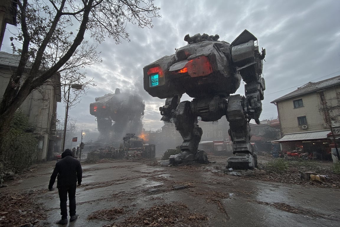 IMG_7867.JPG.Torrential rain pours down the street and  a chaotic scene unfolds as a swarm of mechanical behemoths, with gleaming metallic bodies and glowing red eyes, descends upon the city street. The once-quiet avenue is now a battleground, with towering robots stomping through debris and wreckage. In the foreground, a lone figure cowers amidst the destruction, while in the background, smoke and flames billow from overturned buildings.,MechGolemABM-BS01,MechWandererABM-WS01,MechSequrityABM-SQ01,iphone photo