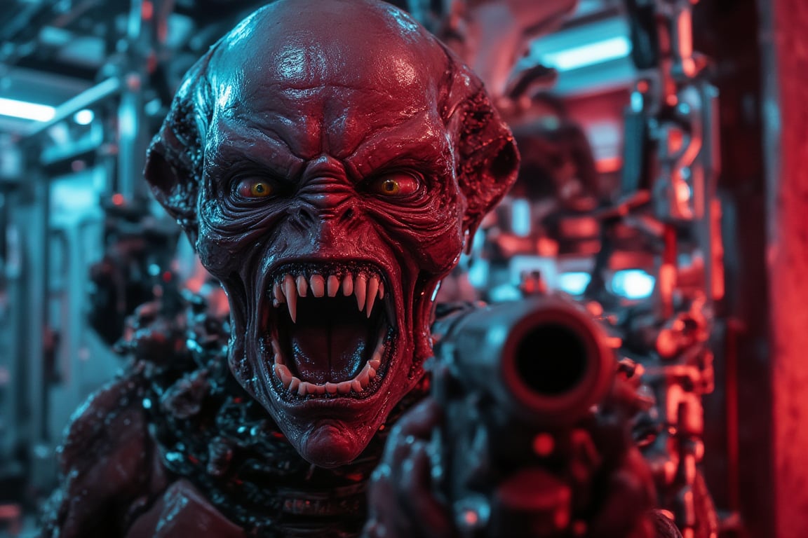 A close-up shot of the extraterrestrial's snarling face, the camera positioned directly in front of it to emphasize its menacing demeanor. the alien is wearing a enhanced rmechanical suiit, The neon lighting , with a hint of red tint to accentuate the alien's fiery gaze. Its teeth are bared, revealing sharp, pointed fangs, as it growls at me through gritted lips. In the background, a blurry, metallic environment stretches out, adding to the sense of tension and foreboding. The composition focuses on the alien's agitated face, with the gun raised and ready to fire, casting a dark shadow across its features.