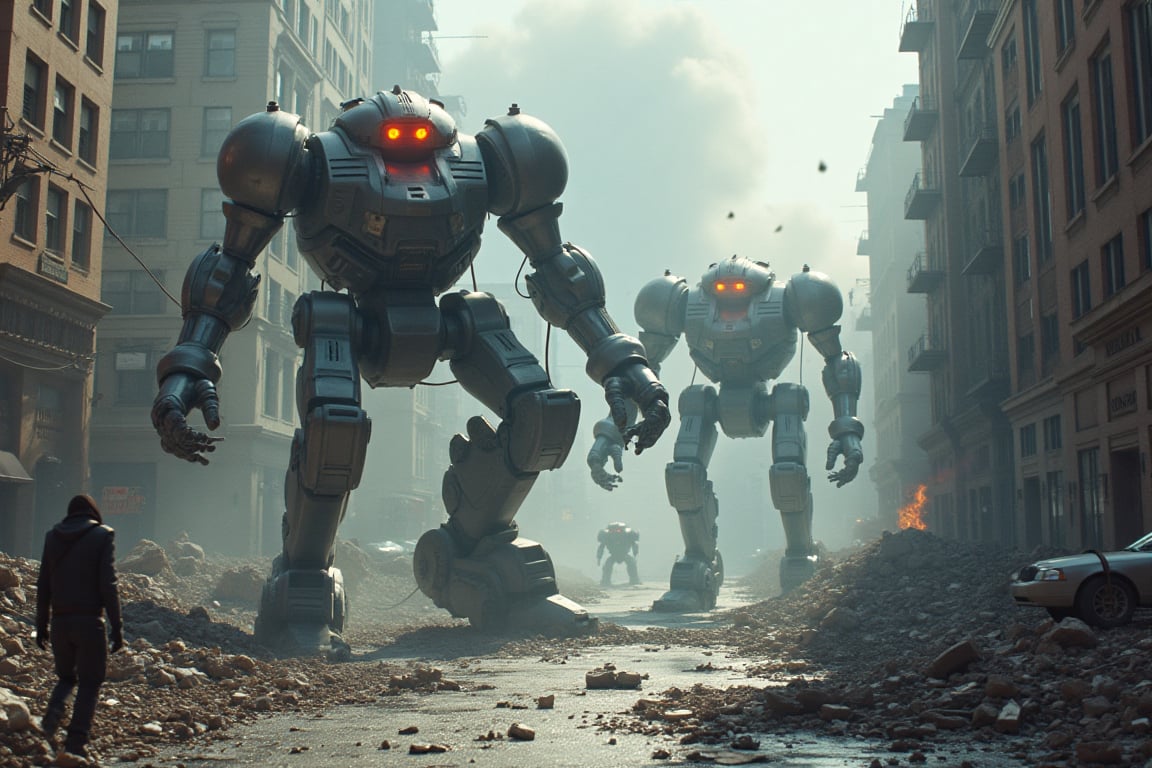 A chaotic scene unfolds as a swarm of mechanical behemoths, with gleaming metallic bodies and glowing red eyes, descends upon the city street. The once-quiet avenue is now a battleground, with towering robots stomping through debris and wreckage. In the foreground, a lone figure cowers amidst the destruction, while in the background, smoke and flames billow from overturned buildings.