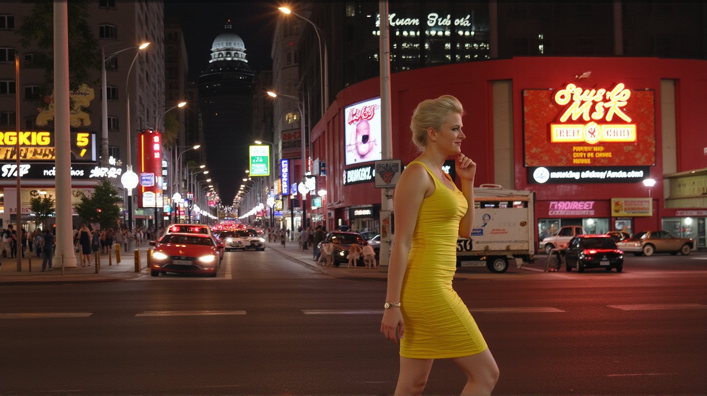 A buxom blonde woman, hair styled in a Farrah Fawcett-inspired flip, wears a snugly fitted yellow sundress that accentuates her curves. She confidently strides down the bustling street anf traffic , her high heels clicking on the pavement, amidst a backdrop of retro-style billboards and neon signs. The warm neon lighyts casts a flattering glow, highlighting the dress's bright color as she disappears into the crowd. summer night, busy street, side shot 