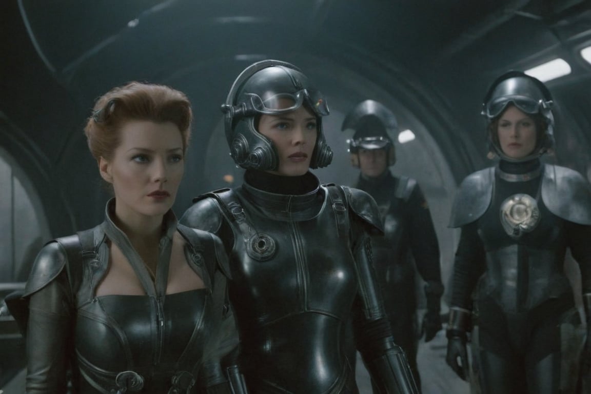 A tense standoff unfolds within the foggy confines of a retro-futuristic spaceship. Fritz Lang's protagonist stands firm, clad in worn leather and goggles, as two women and one man clad in steam-powered armor prepare for battle against an otherworldly foe. A striking female figure, donning a metallic spacesuit and 1910-era hairstyles, fixes her gaze on the encroaching extraterrestrial threat. Amidst the chaos, she remains steadfast. The dimly lit interior is illuminated only by the eerie glow of the moonlit metropolis visible through the portholes, casting an ominous light on the impending conflict., laser gun, M16 Rifle series