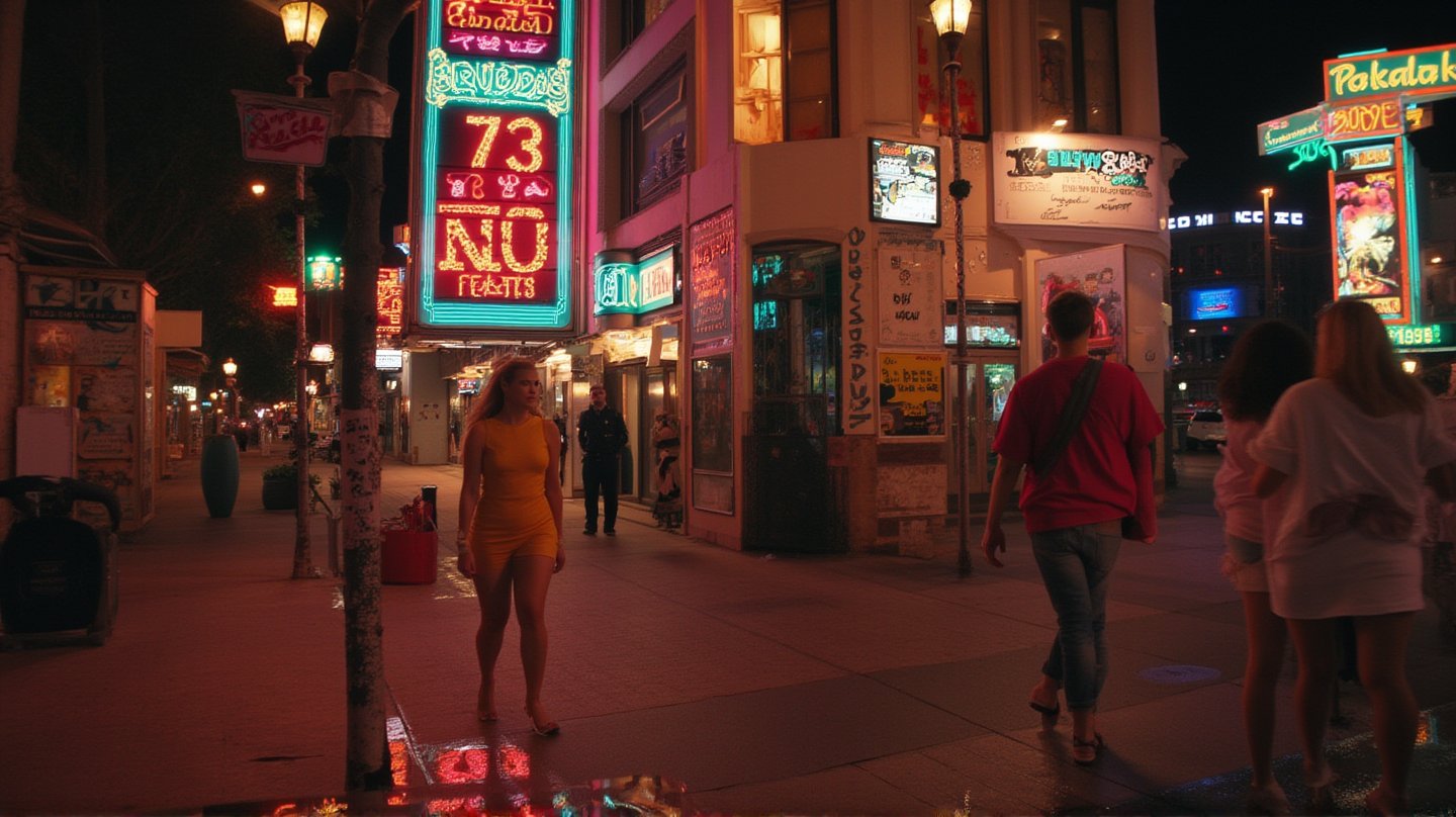 A sultry blonde bombshell, hair styled in a Farrah Fawcett-esque flip, sashays down the vibrant sidewalk under the warm glow of neon lights. A snug yellow sundress hugs her curves as she confidently strides through the bustling street, high heels clicking out the rhythm. Retro-style billboards and neon signs create a lively backdrop as she disappears into the crowded summer night scene.