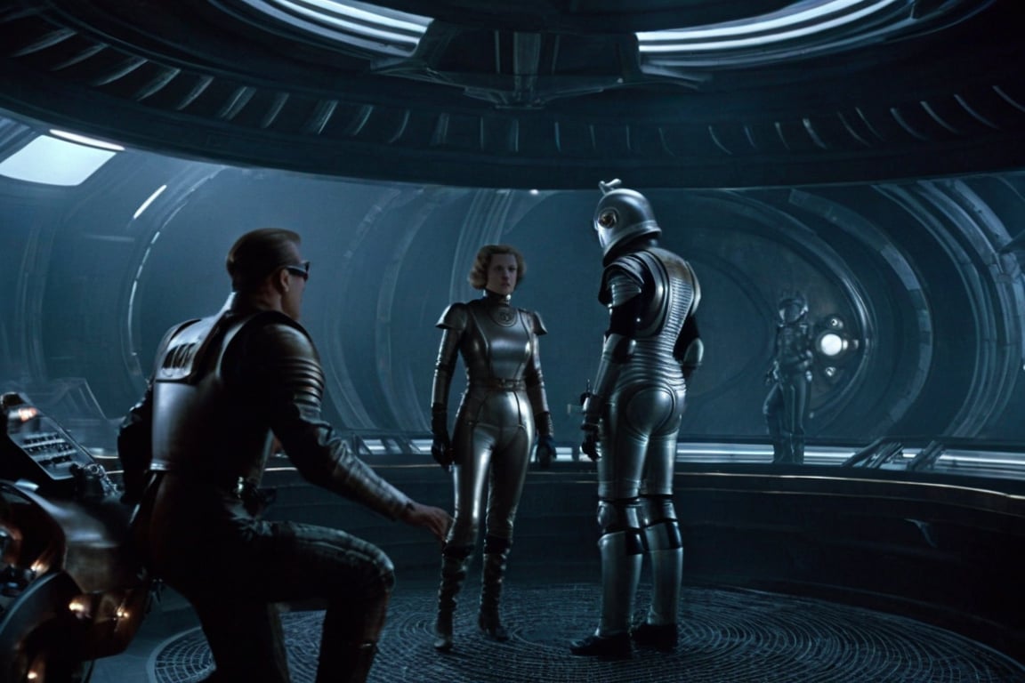 A tense standoff unfolds within the foggy confines of a retro-futuristic spaceship. Fritz Lang's protagonist stands firm, clad in worn leather and goggles, as two women and one man clad in steam-powered armor prepare for battle against an otherworldly foe. A striking female figure, donning a metallic spacesuit and 1910-era hairstyles, a robot assits them, fixes her gaze on the encroaching extraterrestrial threat. Amidst the chaos, she remains steadfast. The dimly lit interior is illuminated only by the eerie glow of the moonlit metropolis visible through the portholes, casting an ominous light on the impending conflict.