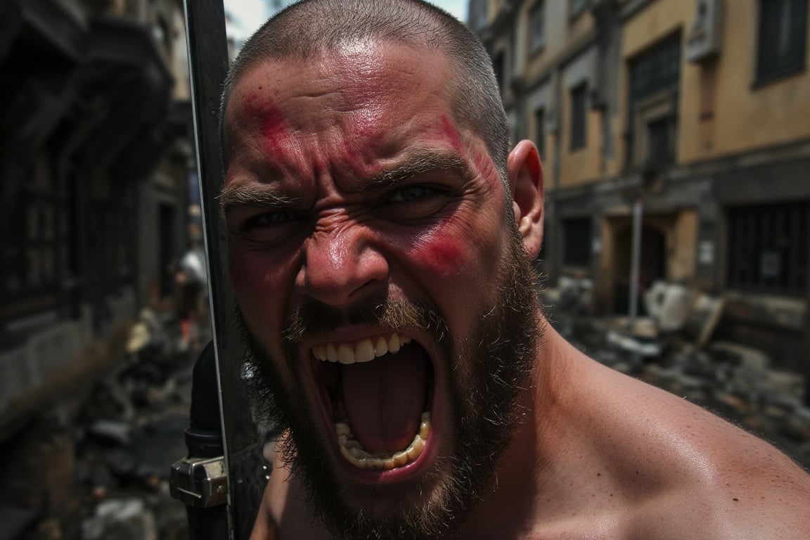 A close-up shot of the barbarian  face, the camera positioned directly in front of it to emphasize its menacing demeanor. The bonfire  lighting , with a hint of red tint to accentuate the barbarian;s fiery gaze. Its teeth are shown , as it growls at me through gritted lips. In the background, a blurry, old city  environment stretches out, adding to the sense of tension and foreboding. The composition focuses on the Barbarian's agitated face, with the sword raised and ready to strike , casting a dark shadow across its features.