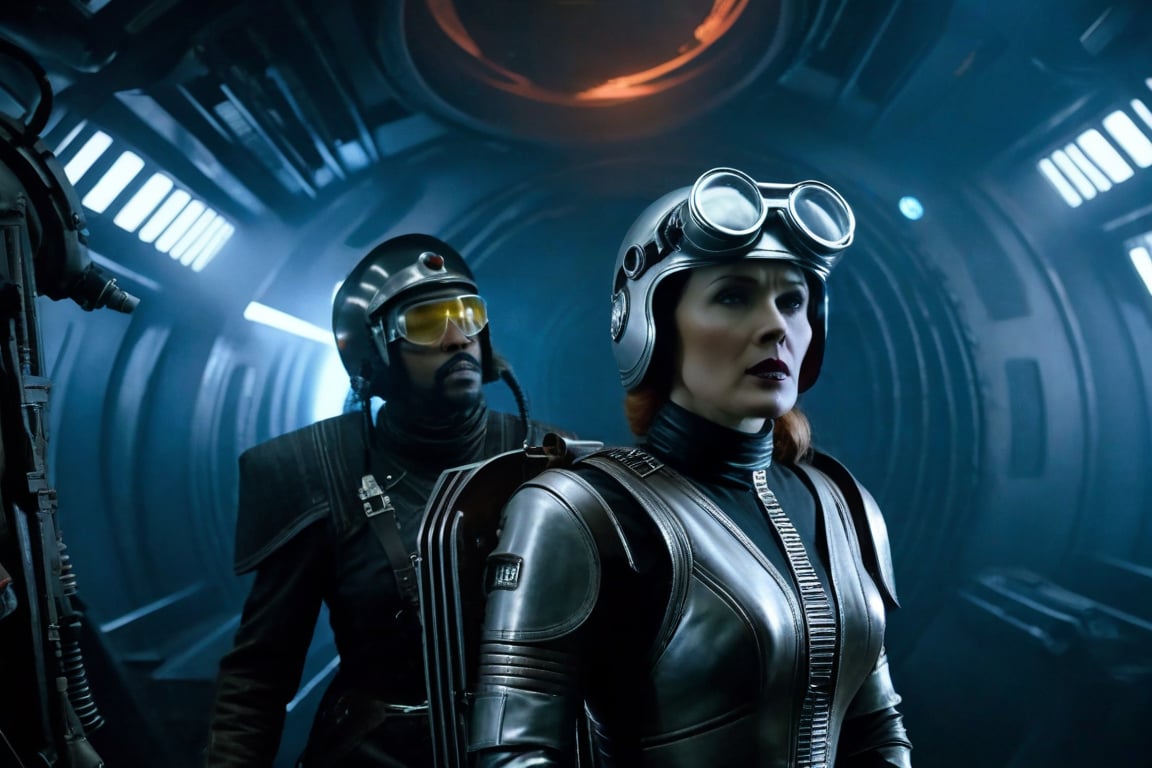 A tense standoff unfolds within the foggy confines of a retro-futuristic spaceship. Fritz Lang's protagonist stands firm, clad in worn leather and goggles, as two women and one man clad in steam-powered armor prepare for battle against an otherworldly foe. A striking female figure, donning a metallic spacesuit and 1910-era hairstyles, a robot assits them, fixes her gaze on the encroaching extraterrestrial threat. Amidst the chaos, she remains steadfast. The dimly lit interior is illuminated only by the eerie glow of the moonlit metropolis visible through the portholes, casting an ominous light on the impending conflict.