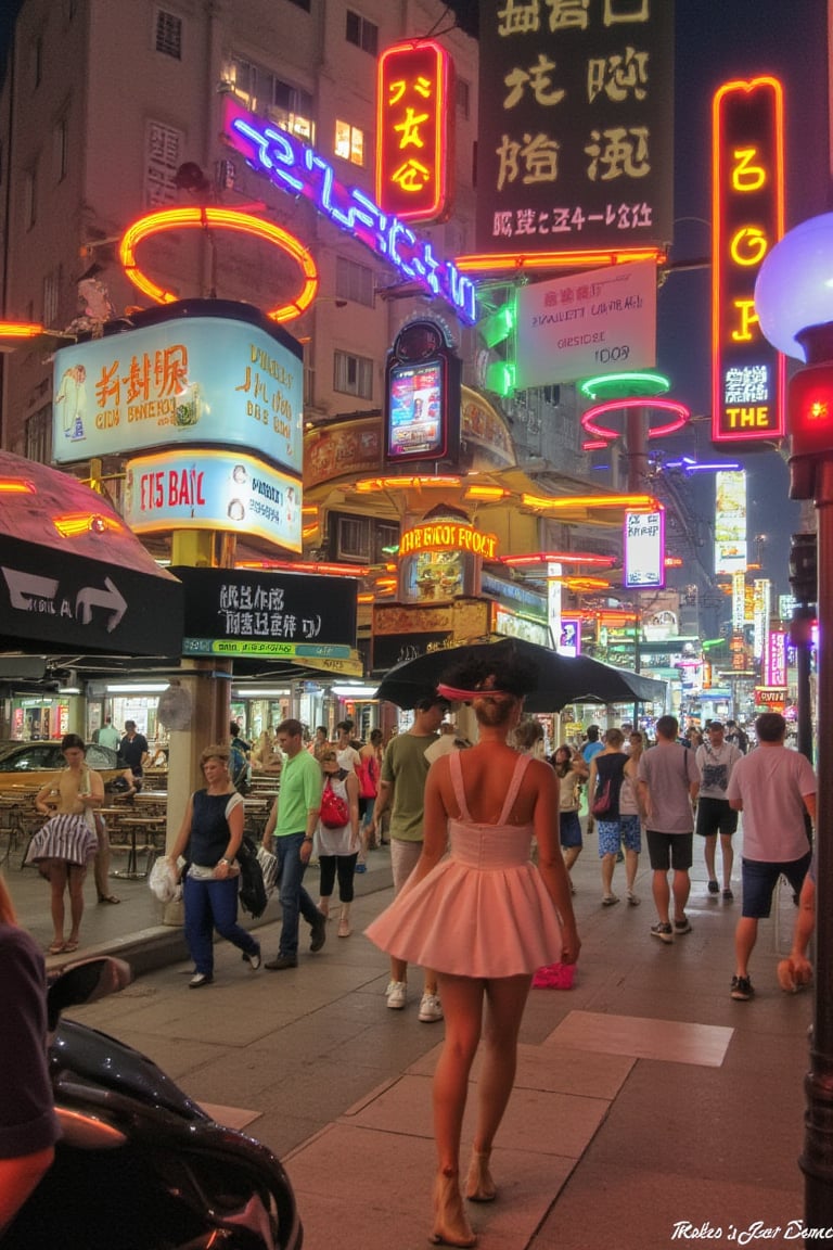 A cover of a magazine ,from  simplicissimus style. sultry blonde bombshell, hair styled in a Farrah Fawcett-esque flip, sashays down the vibrant sidewalk under the warm glow of neon lights. A snug yellow sundress hugs her curves as she confidently strides through the bustling street, high heels clicking out the rhythm. Retro-style billboards and neon signs create a lively backdrop as she disappears into the crowded summer night scene.