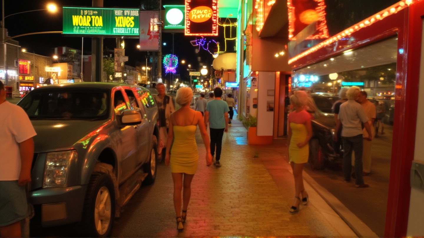 A sultry blonde bombshell, hair styled in a Farrah Fawcett-esque flip, sashays down the vibrant sidewalk under the warm glow of neon lights. A snug yellow sundress hugs her curves as she confidently strides through the bustling street, high heels clicking out the rhythm. Retro-style billboards and neon signs create a lively backdrop as she disappears into the crowded summer night scene.