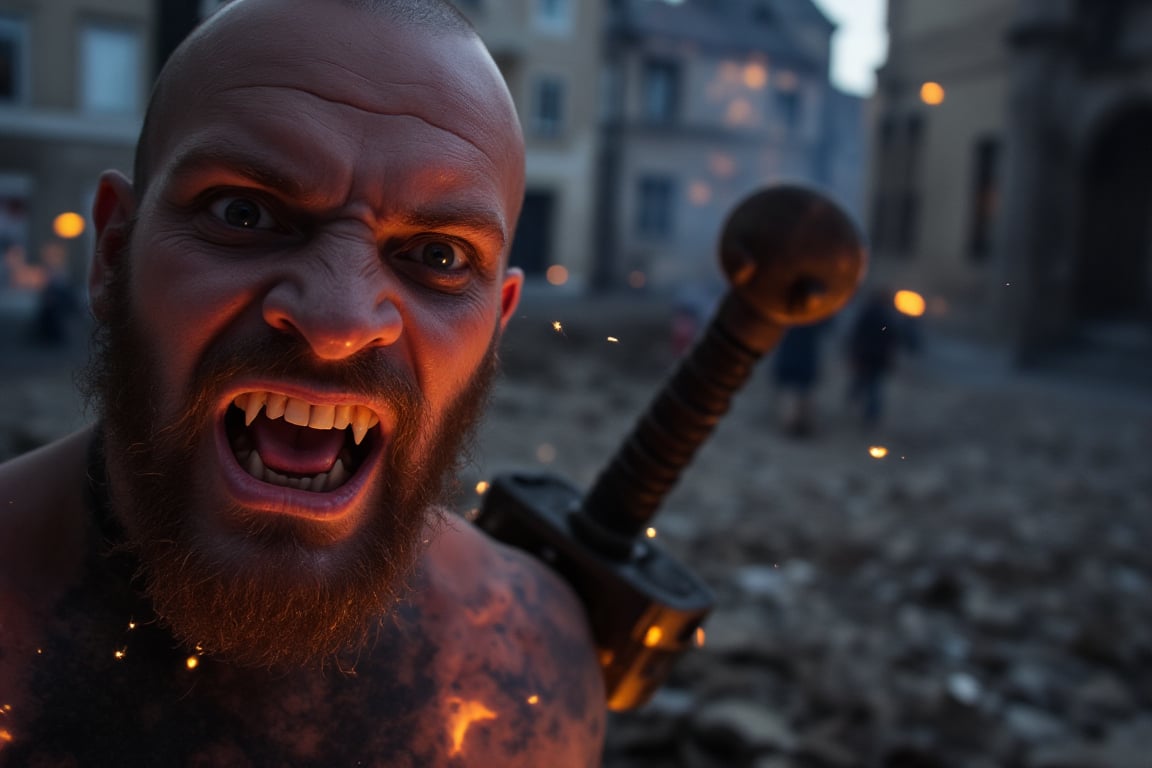 A close-up shot of the barbarian  face, the camera positioned directly in front of it to emphasize its menacing demeanor. The bonfire  lighting , with a hint of red tint to accentuate the barbarian;s fiery gaze. Its teeth are shown , as it growls at me through gritted lips. In the background, a blurry, old city  environment stretches out, adding to the sense of tension and foreboding. The composition focuses on the Barbarian's agitated face, with the sword raised and ready to strike , casting a dark shadow across its features.