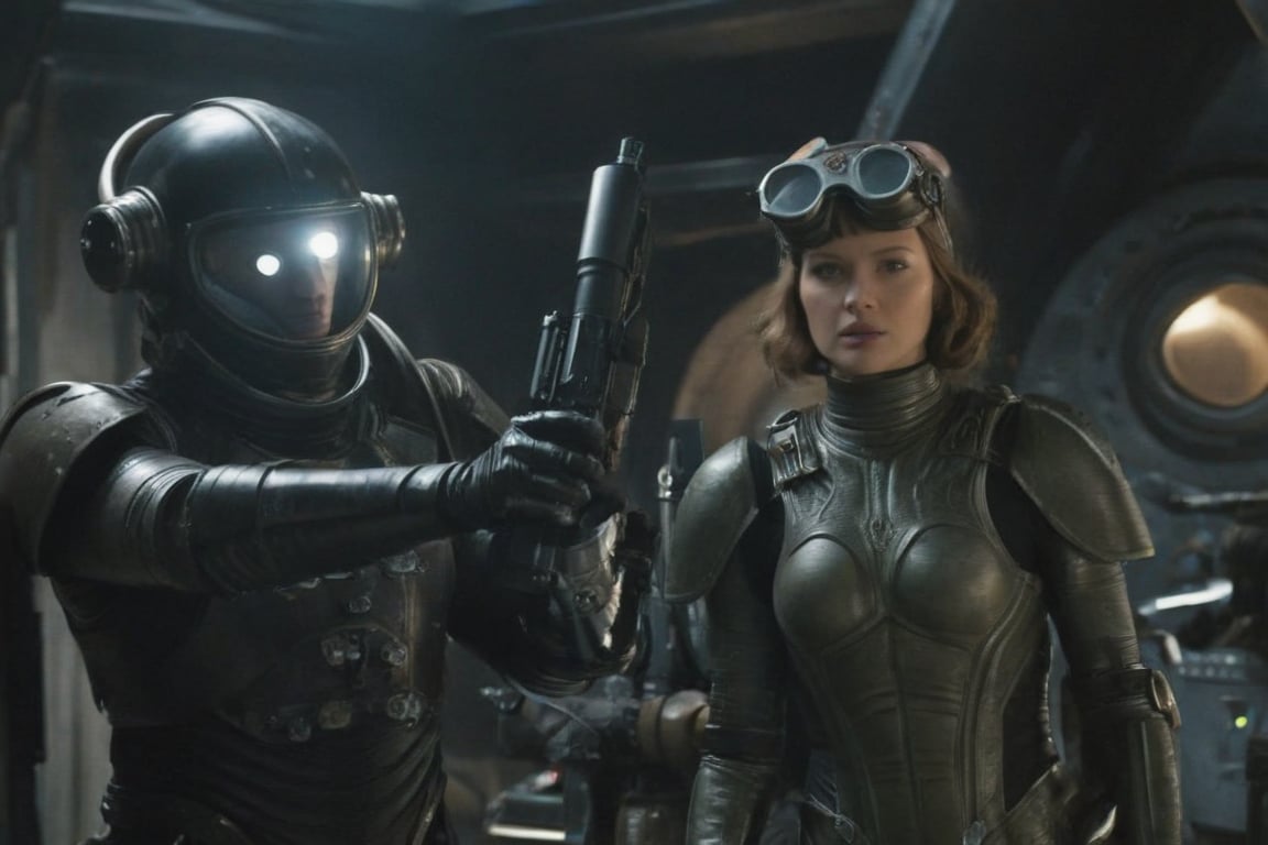 A tense standoff unfolds within the foggy confines of a retro-futuristic spaceship. Fritz Lang's protagonist stands firm, clad in worn leather and goggles, a reptile humanoid alien, as two women and one man clad in steam-powered armor prepare for battle against an otherworldly foe. A striking female figure, donning a metallic spacesuit and 1910-era hairstyles, fixes her gaze on the encroaching extraterrestrial threat. Amidst the chaos, she remains steadfast. The dimly lit interior is illuminated only by the eerie glow of the moonlit metropolis visible through the portholes, casting an ominous light on the impending conflict., laser gun, M16 Rifle series,FN SCAR-HL