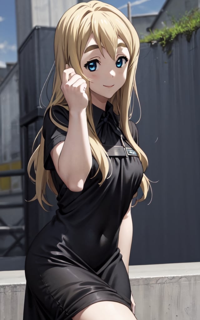 high_resolution, masterpiece, 1girl, yellow hair, blonde, female_solo, hair lock, small breast, solo, smile, closed smile ,rubbor, sky blue eyes, girly_hair, cute, black dress, uniform, tsumugi kotobuki, pose, posing, hand pose, ,RollSafeMeme, 