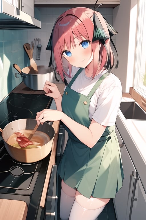 masterpiece, 1girl, pink-hair , ribbon, solo, smile, black ribbon, kitchen, rubbor,short_sleeves, shiny_hair, morning, sleeping, blue eyes, white shirt, green skirt, white stockings, coocking, frying pan, pan, coocking bacon, stove, fridge