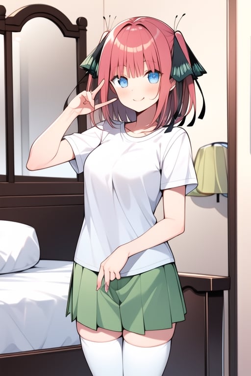 masterpiece, 1girl, pink-hair , ribbon, solo, smile, black ribbon, bedroom, rubbor, bed, short_sleeves, shiny_hair, morningpijama, sleeping, blue eyes, white shirt, green skirt, white stockings, mirror, looking_at_mirror, standing, posing