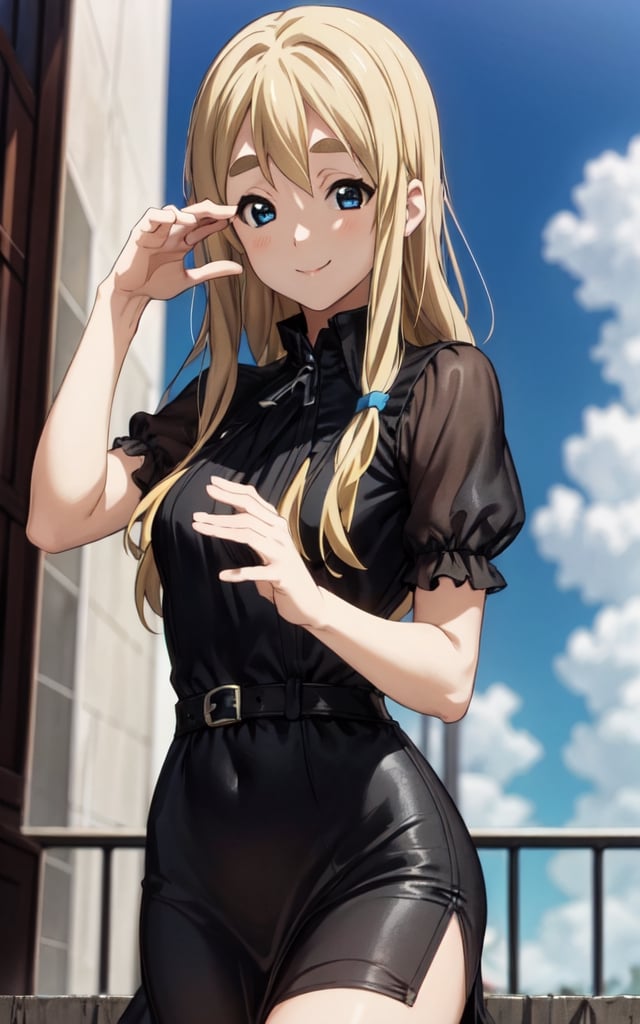 high_resolution, masterpiece, 1girl, yellow hair, blonde, female_solo, hair lock, small breast, solo, smile, closed smile ,rubbor, sky blue eyes, girly_hair, cute, black dress, uniform, tsumugi kotobuki, pose, posing, hand pose, FANCY 