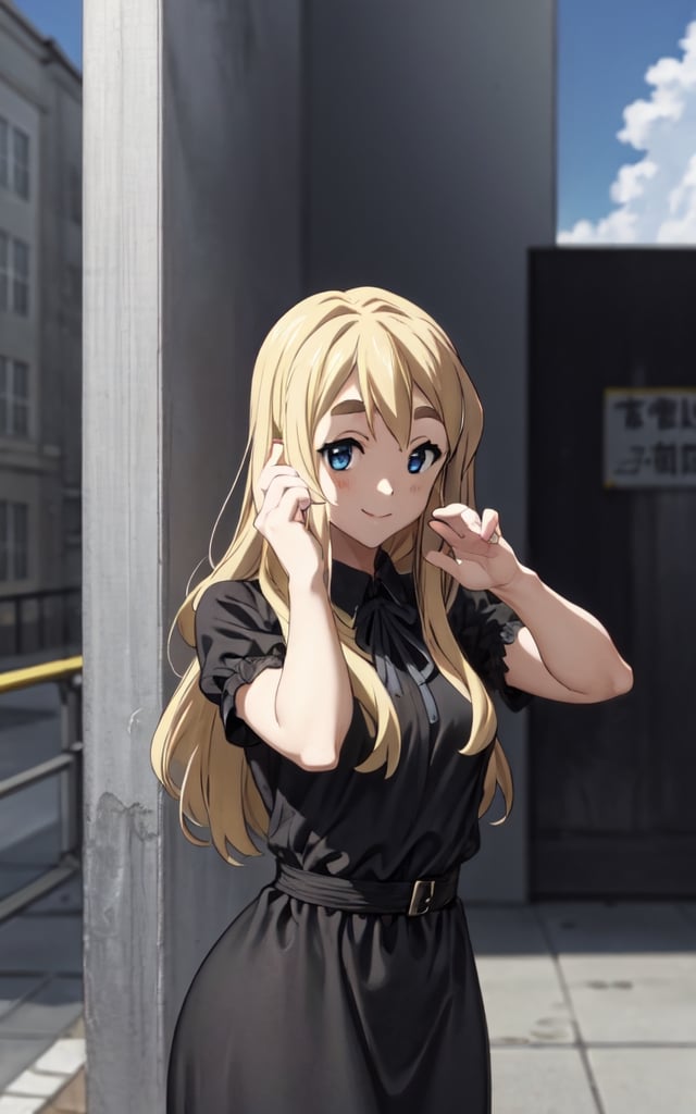 high_resolution, masterpiece, 1girl, yellow hair, blonde, female_solo, hair lock, small breast, solo, smile, closed smile ,rubbor, sky blue eyes, girly_hair, cute, black dress, uniform, tsumugi kotobuki, pose, posing, hand pose, ,RollSafeMeme, 