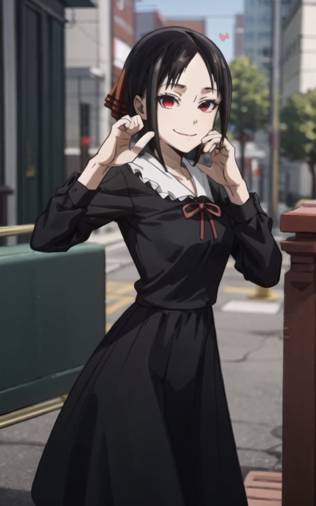 high_resolution, masterpiece, 1girl, black hair, female_solo, hair lock, small breast, solo, smile, closed smile ,rubbor, red eyes, girly_hair, cute, black dress, uniform, dress, ribbon, red ribbon, , face, Heart hands pose, pose,ff14bg,shinomiya kaguya, epic background,shinomiyakaguya