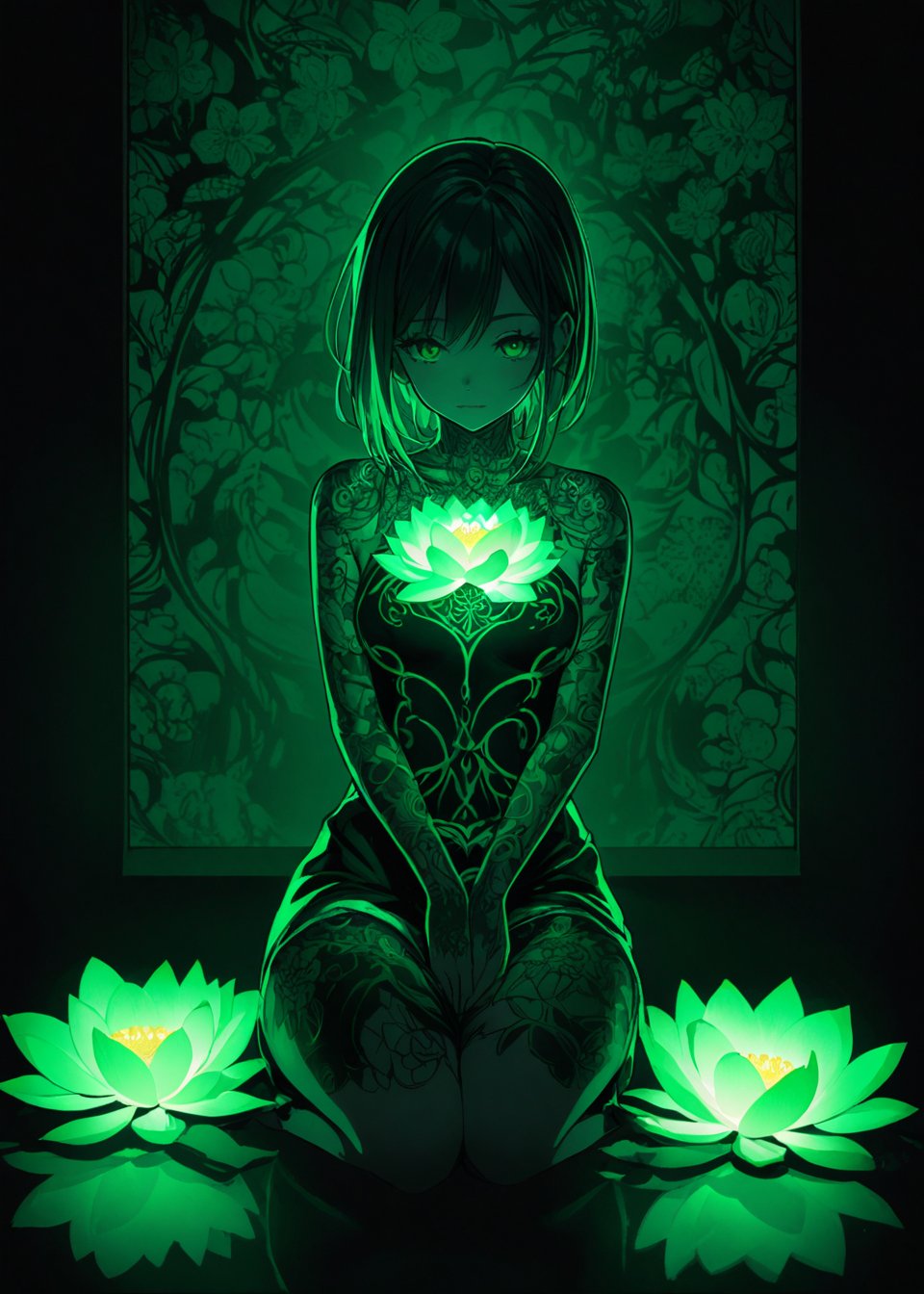 high-contrast shoujo manga image featuring a girl seated in a shadowy room, her body covered in glowing neon green lotus flowers tattoos. The light from the tattoos should create beautiful, intricate patterns on the surrounding surfaces, An indescribable atmosphere expression.