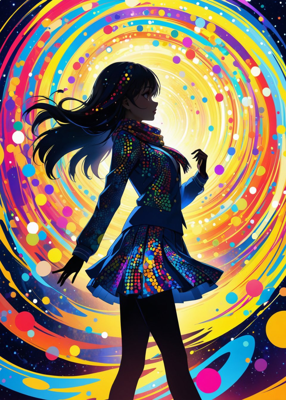 An abstract, colorful anime-style illustration of a girl in a school uniform. Her (silhouette:1.2) is composed of dynamic, Polka dots swirling patterns look like a scarf and vibrant circles. The background is a solid, bright yellow, creating a striking contrast with the intricate, multi-colored design of the girl,
(ultra-fine HDR),extremely delicated and beautiful,8K,