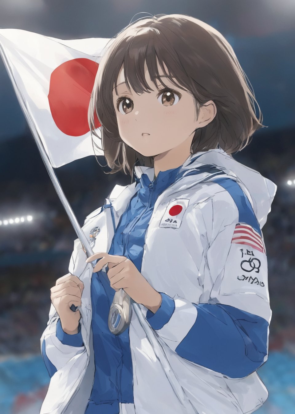 detailed illustration, dynamic angle, ultra-detailed, illustration, 1girl, Japan flag, white and blue jacket, medium, Olympic Awards Ceremony, olympic competition, black-brown eyes, bright eyes, podium, 