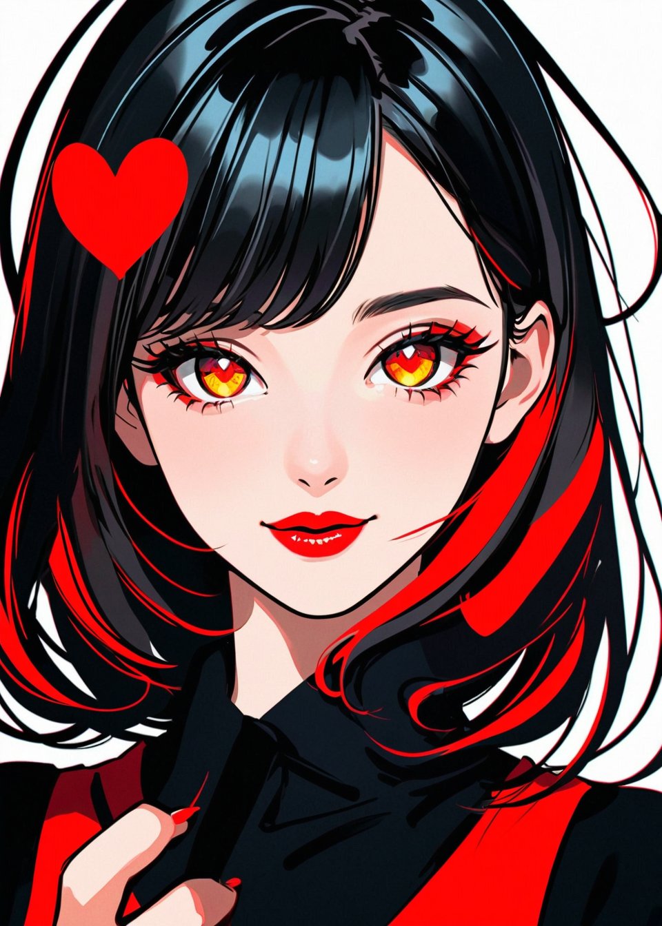 Pop-art style girl making a peace sign, with glowing heart-shaped eyes. The artwork features bold outlines and flat, bright colors, focusing on red, yellow, and black for a clean and modern look.,extremely delicated and beautiful,Double Exposure,water colors,