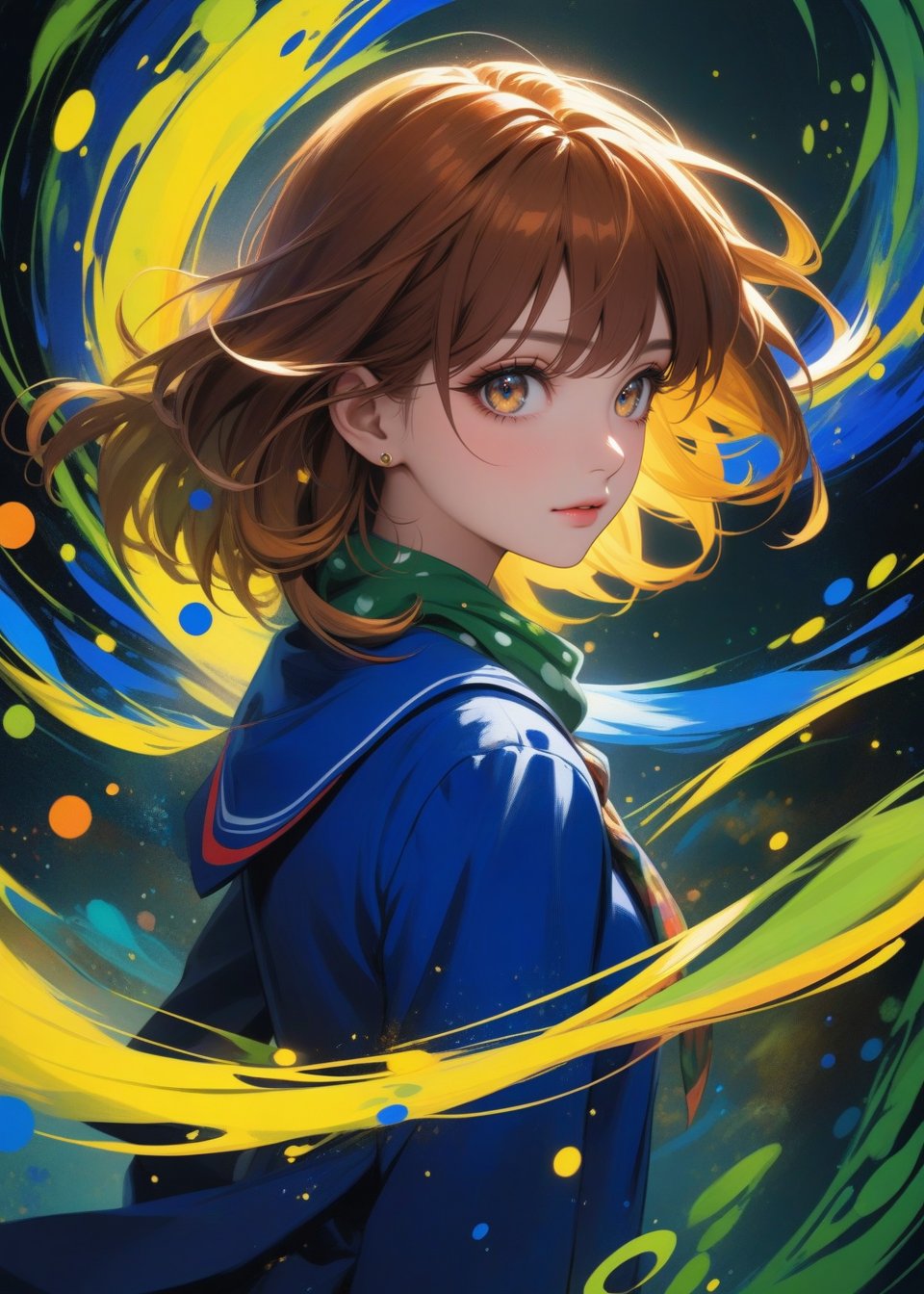 An abstract, colorful anime-style illustration of a girl in a school uniform. Her (silhouette:1.2) is composed of dynamic, Polka dots swirling patterns look like a scarf and vibrant circles., multi-colored design of the girl,
(ultra-fine HDR),extremely delicated and beautiful,8K,
 bold brushstrokes and a vibrant color palette consisting of super artist (a warm reddish-brown, versatile and rich), Cadmium Yellow (vibrant highlights), Ultramarine Blue (for depth and shadows), and Sap Green (a deep, earthy green), accented with touches of white and black. 