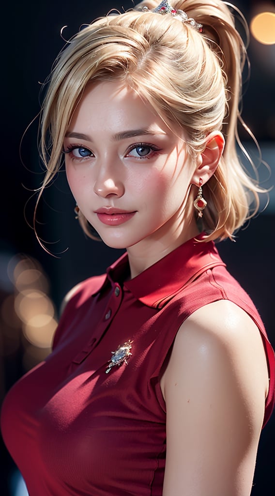 (best quality,masterpiece, photorealistic, highly detailed), a close-up portrait of 1 beautiful teacher, in her 20s, attractive smile, ((wearing a red polo shirt), earrings, medium-sized breasts, beauttiful detailed faces, beautiful detailed eyes, realistic detailed skin texture, blonde bob hair, detailed hair, sharp focus,xxmix_girl,fantasy_princess