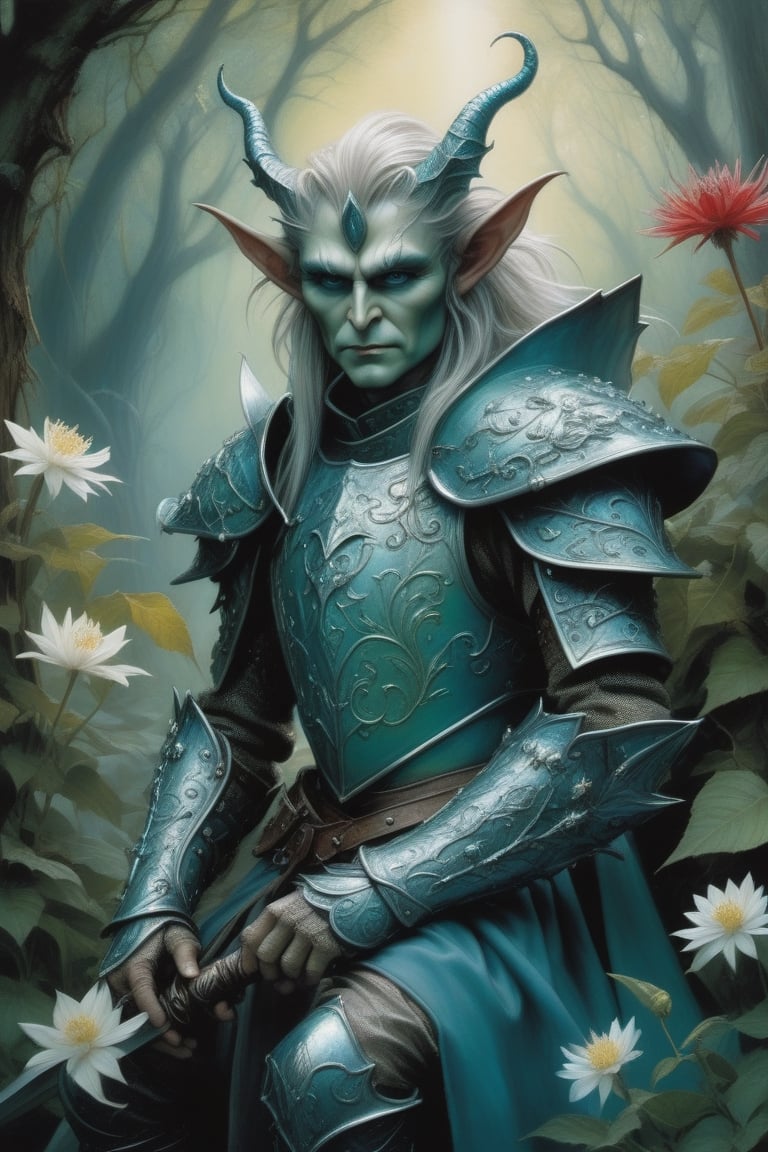 an intimidating and majestic goblin king by Brian Froud or Luis Royo,  with intricate and detailed armor and big expressiv...