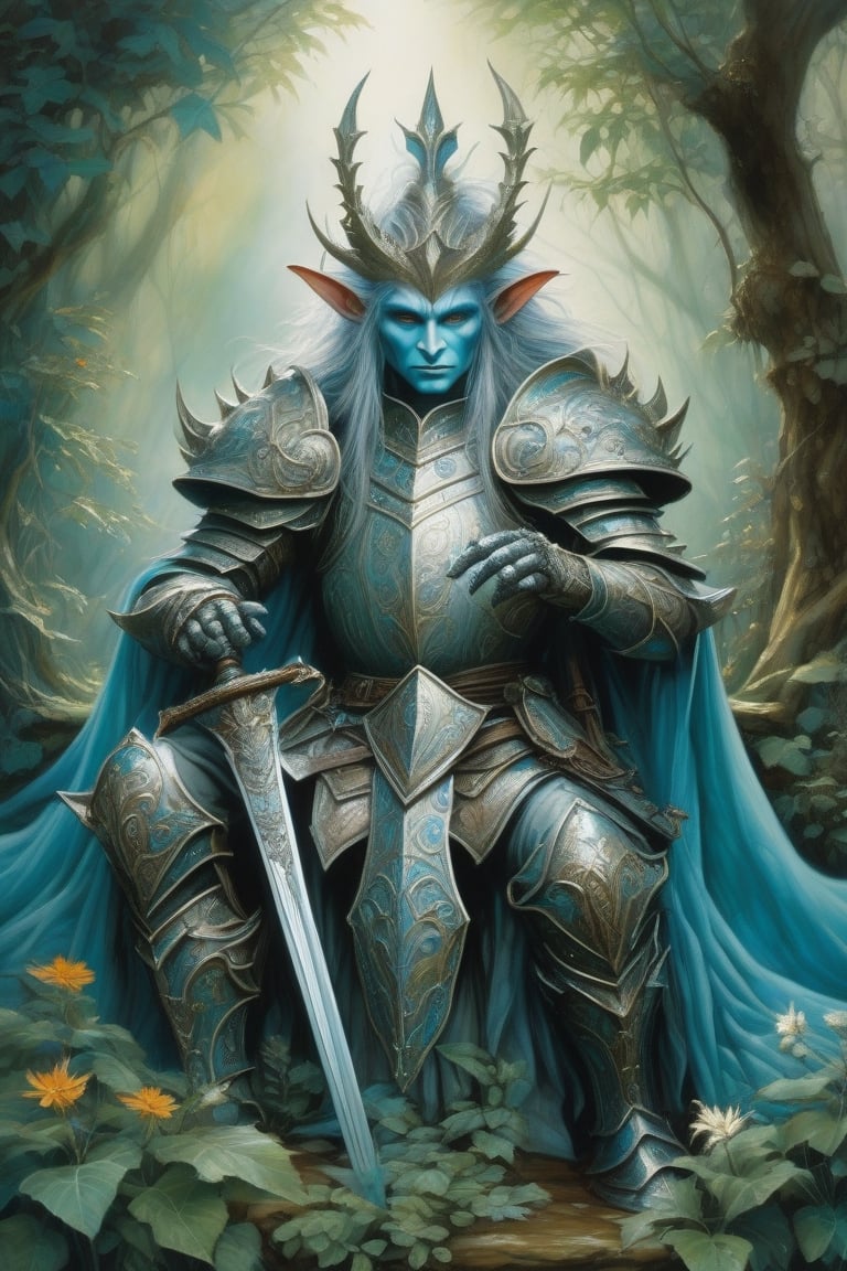 an intimidating and majestic goblin king by Brian Froud or Luis Royo,  with intricate and detailed armor and big expressiv...