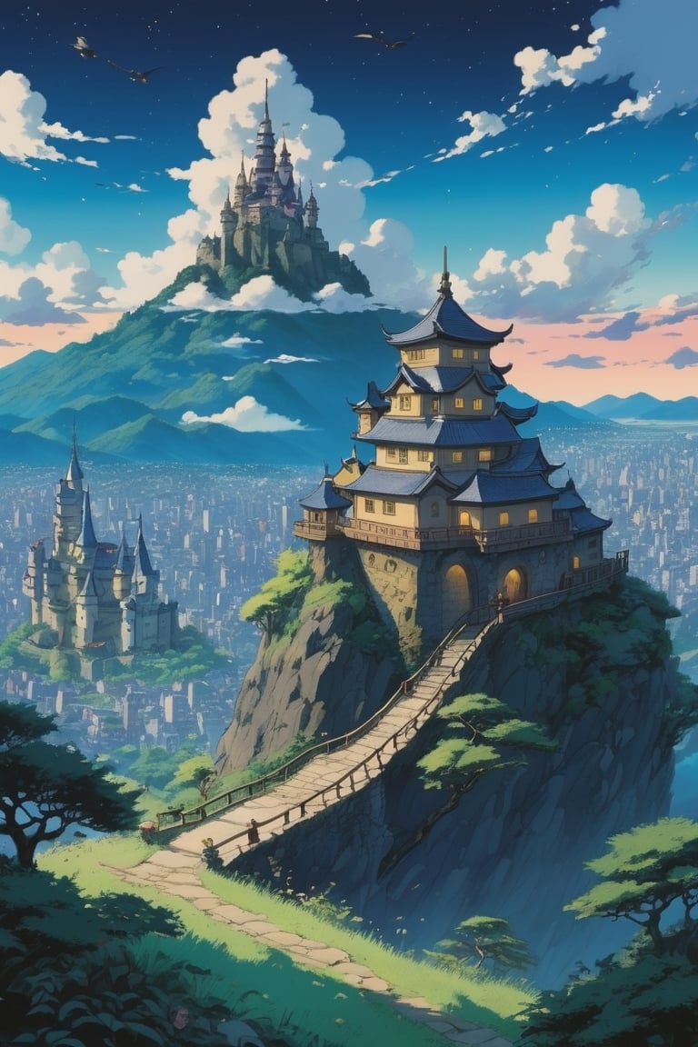 Studio Ghibli artstyle,  a very cluttered floor castle in a mystic environment over a mountain,  ((there (Totoro) flying o...