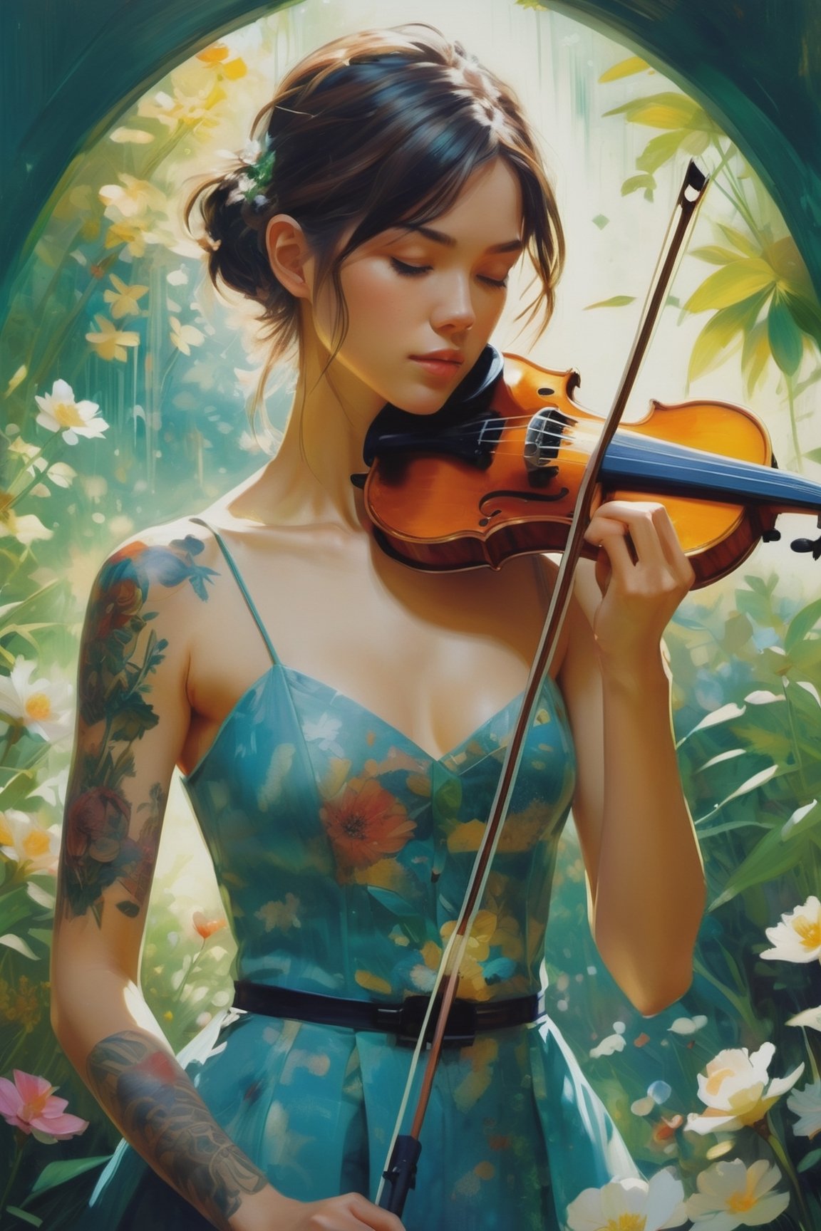 Oil painting,  heavy brush strokes,  paint splashes. A breathtaking scene of a tattooed girl playing the violin in a beaut...