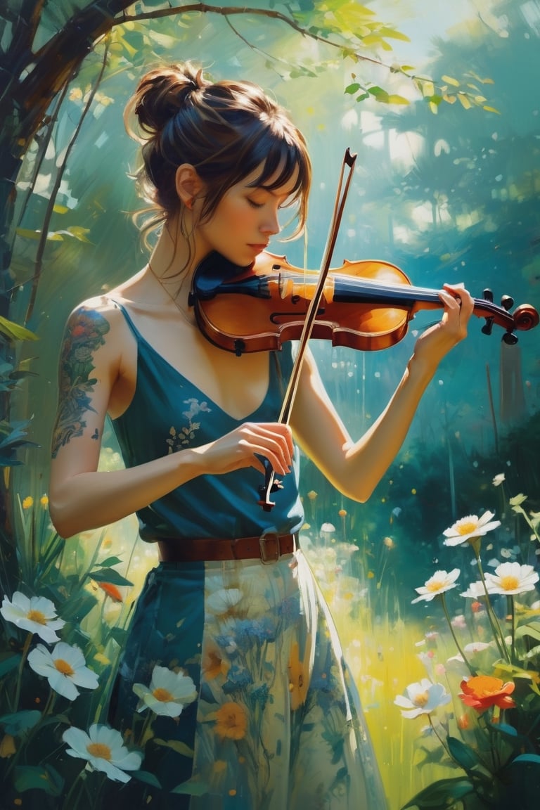 Oil painting,  heavy brush strokes,  paint splashes. A breathtaking scene of a tattooed girl playing the violin in a beaut...