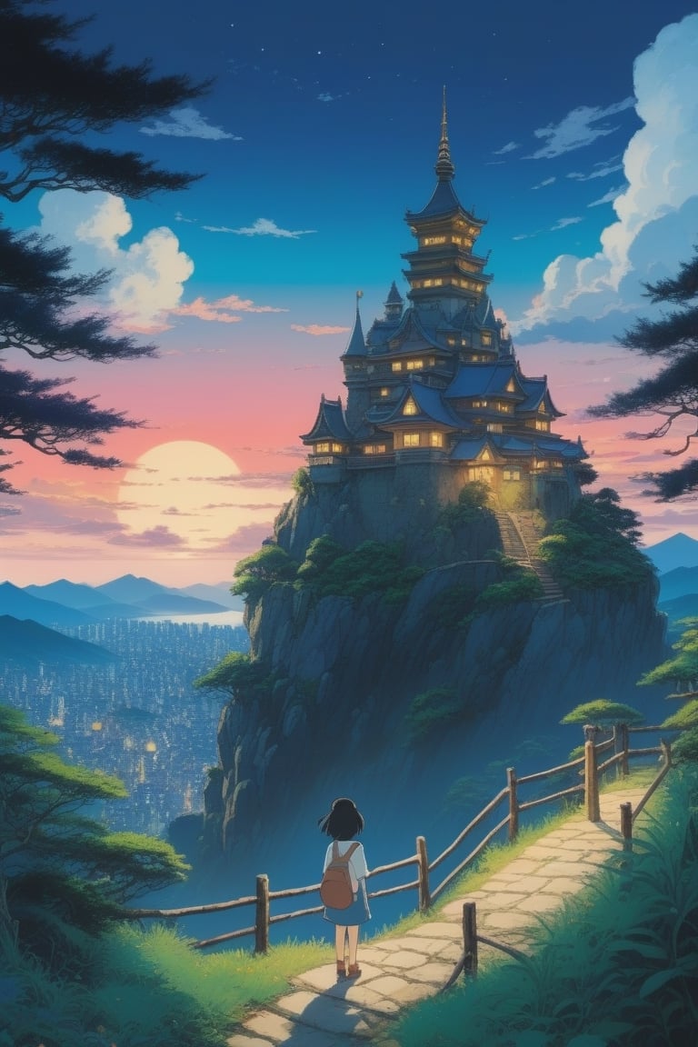 Studio Ghibli artstyle,  a very cluttered floor castle in a mystic environment over a mountain (there is Totoro ),  ( nigh...