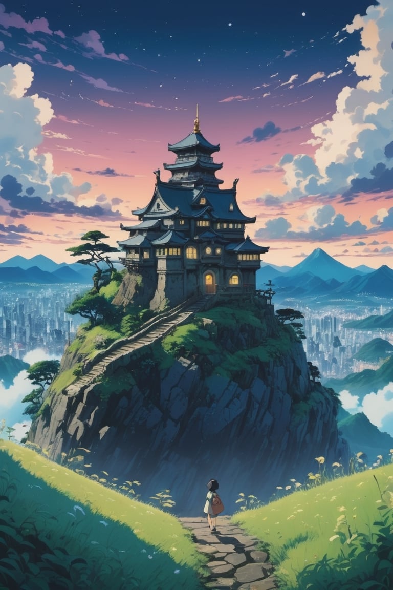 Studio Ghibli artstyle,  a very cluttered floor castle in a mystic environment over a mountain (there is Totoro ),  ( nigh...