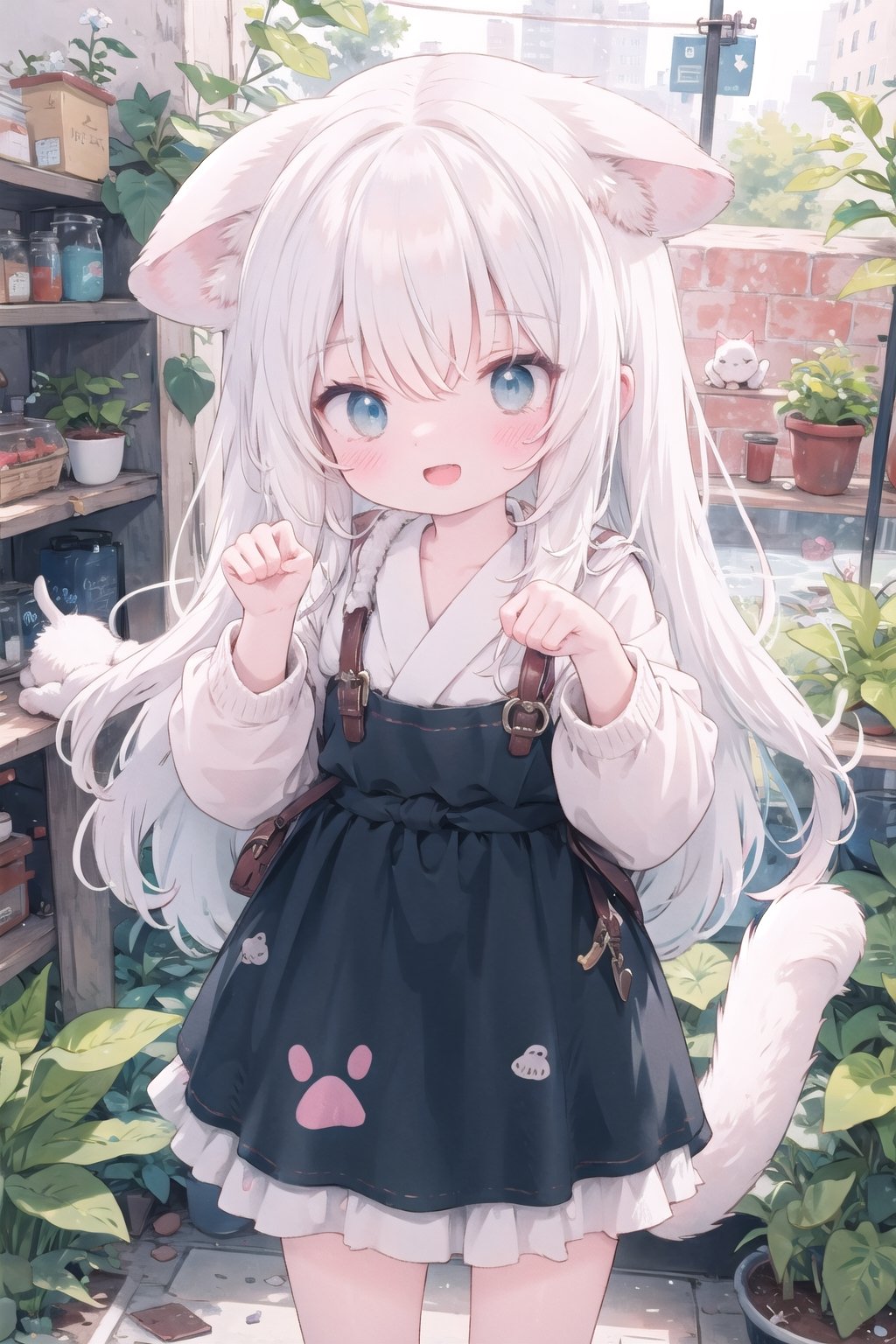 absurdres, highres, colorful BREAK one (loli:0.4) cat girl and small kittens cats, paw pose,white hair, white cat, cat tail, (smile, happy), open mouth, colorful pattern, Cat face pattern, Footprint pattern, (fullbody:0.8) BREAK (solo:1.3), (cute illustration:0.5),(fuwafuwa illustration:0.8), (white background:0.25), standing BREAK, (ears down:1.5), blue eyes,
