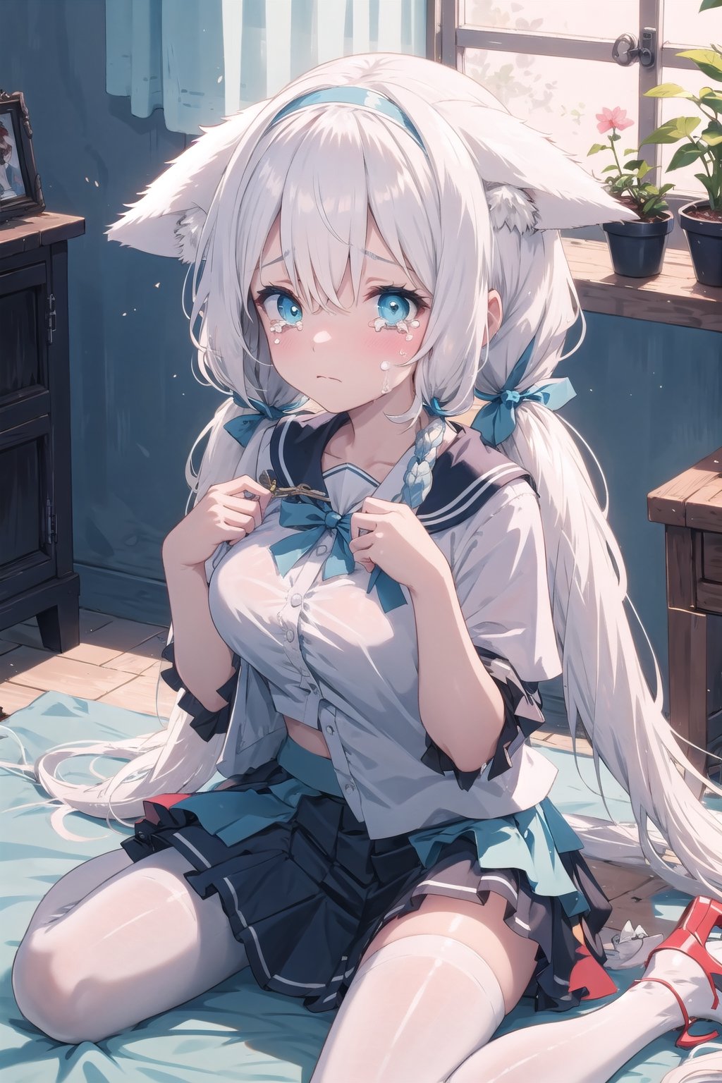 masterpiece, 1girl, loli, lazy, shiny eyes, , heterochromia, cute, (white layered skirt:1.6), (blue layered skirt:1.6), white high-waist skirt, (cropped shirt:1.6), sailor shirt, (blue chest bow:1.5), (fox ears:1.2), (low twintails:1.6), very long hair, grey hair, (huge breasts:1.0), hair bell, (lolita hairband:1.2), (white pantyhose:1.3), (bedroom:1.4), glowing eyes, , bow, stiletto heels, sitting, thigh bow, lying,wariza, indoors, (nsfw), ears down,(tearing up:1.3),,(moaning:1.0),ears down