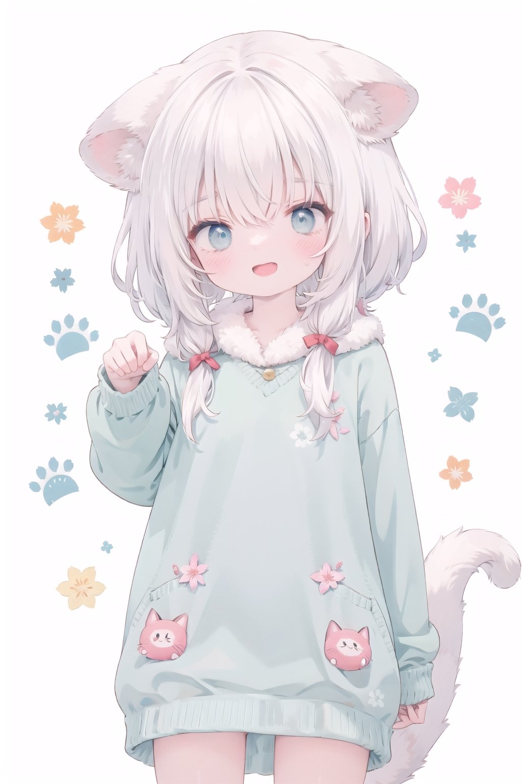 absurdres, highres, colorful BREAK one (loli:0.4) cat girl and small kittens cats, paw pose,white hair, white cat, cat tail, (smile, happy), open mouth, colorful pattern, Cat face pattern, Footprint pattern, (fullbody:0.8) BREAK (solo:1.3), (cute illustration:0.5),(fuwafuwa illustration:0.8), (white background:0.25), standing BREAK, (ears down:1.5), blue eyes,
