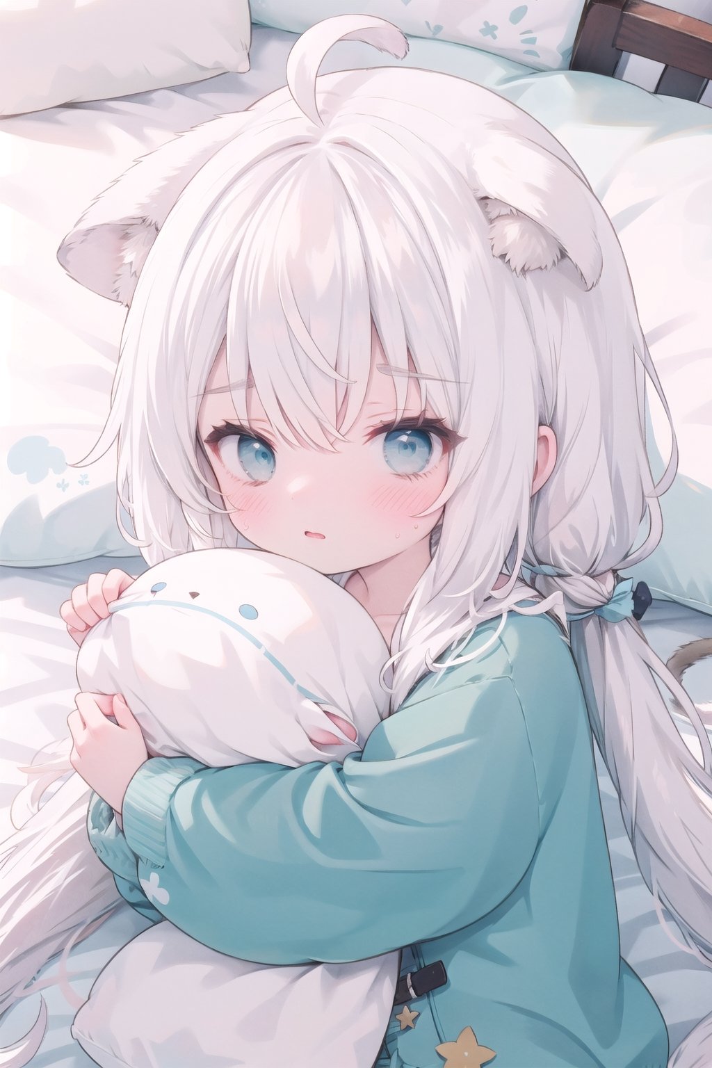 bedroom,pillow hug,pillow,1girl,solo,upper_body,1girl,solo,animal ears,long hair,animal ear fluff,cat ears,white hair,cat girl,very long hair,ahoge,nude,loli,blue eyes,shy, blushing, ears down