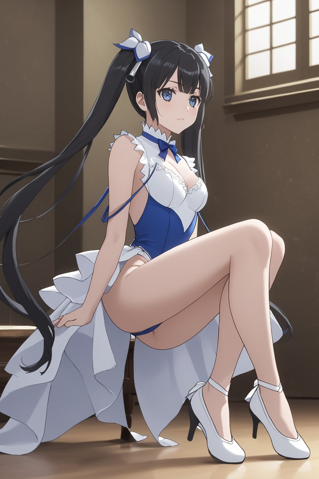 masterpiece, best quality, highres
,//Character, 
1girl,hestia, black hair, blue eyes,
twin tails/long hair, hair ornament
,//Fashion, 

,//Background, 
,//Others, ,Expressiveh, 
A ballet dancer tying her pointe shoes, her leotard highlighting her graceful form.