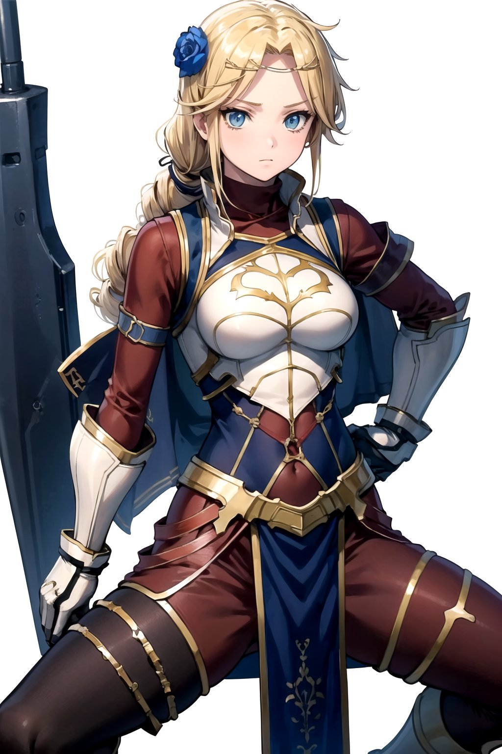 //Quality,
masterpiece, best quality
,//Character,
1girl, solo
,//Fashion, 
,//Background,
white_background
,//Others,
,spread legs, 
,Laykus, long hair, hair flower, gloves, armor, breastplate, bodysuit, pelvic curtain