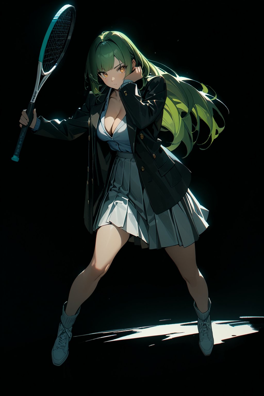 masterpiece, best quality, 8k, 8k UHD, ultra-high resolution, ultra-high definition, highres, cinematic lighting
,//Character, 
1girl, solo, yellow eyes, green hair, long hair, straight hair
,//Fashion, 
shirt, jacket, blazer, skirt, white skirt, cleavage
,//Background, 
,//Others, ,Expressiveh,
holding tennis racket