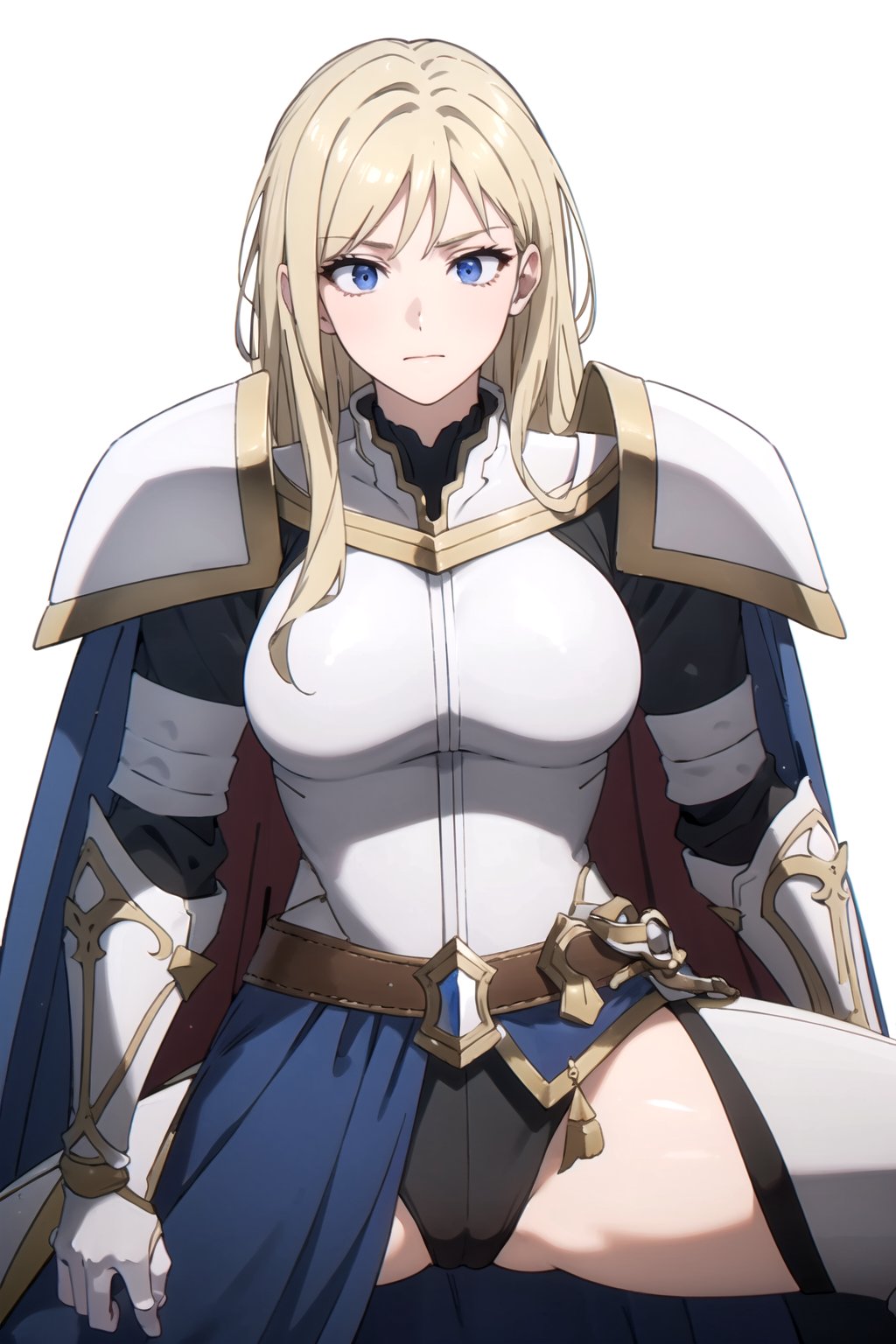 //Quality,
masterpiece, best quality
,//Character,
1girl, solo
,//Fashion, 
,//Background,
white_background
,//Others,
,spread legs, 
female knight, long hair, blue eyes, blonde hair, cape, armor, shoulder armor, gauntlets, pauldrons, breastplate, knight