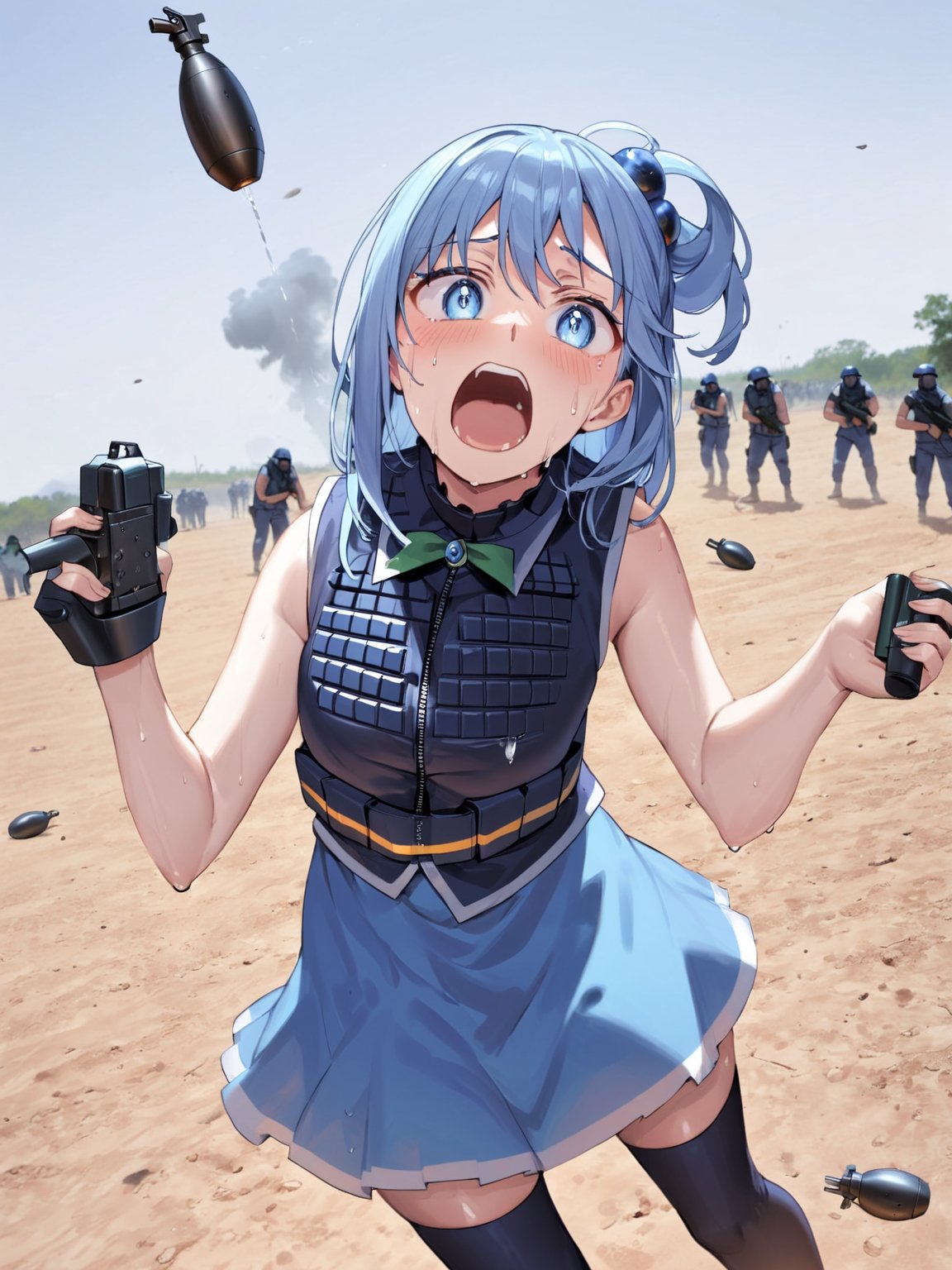 fantasy, blue eyes, light blue dress, (grabbing switch:1.20), bomb, (bulletproof vest:1.30), (lots of grenade:1.35), slender, open mouth fang, crying with eyes open, teardrop, scared, fear, sweating profusely, photorealistic backgound, battlefield,ksaqua