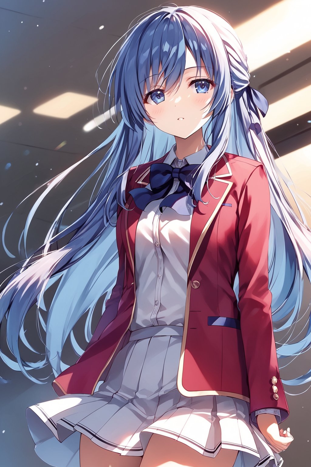 masterpiece, best quality, 8k, 8k UHD, ultra-high resolution, ultra-high definition, highres, cinematic lighting
,//Character, 
1girl, solo, hiyori shiina, 1girl, long hair, very long hair, blue eyes, hair ribbon, ribbon, blue hair, hair bow, hair between eyes
,//Fashion, 
white shirt, red jacket, bowtie, pleated_skirt
,//Background, 
,//Others, ,Expressiveh