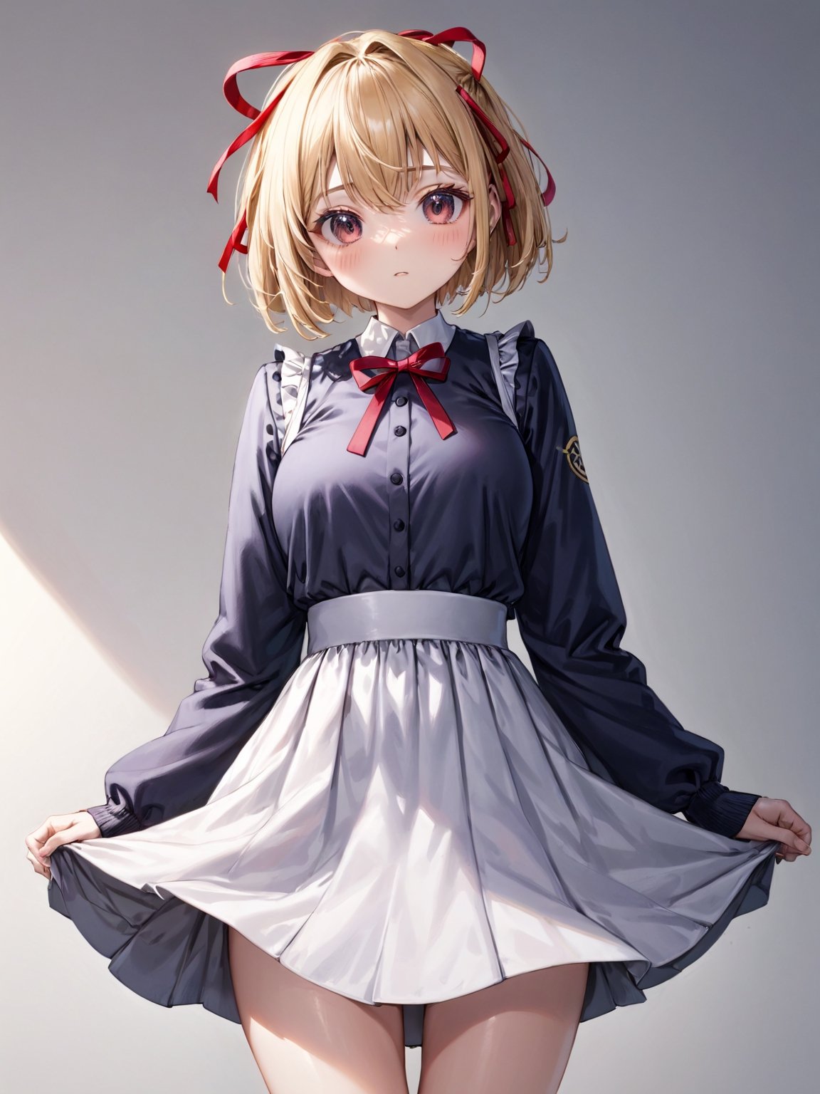 //Quality,
photo r3al, detailmaster2, masterpiece, photorealistic, 8k, 8k UHD, best quality, ultra realistic, ultra detailed, hyperdetailed photography, real photo
,//Character,
1girl, solo, nishikigi chisato, bob cut
,//Fashion,
hair ribbon, lycoris uniform, two-tone dress, red dress, grey dress, neck ribbon, long sleeves
,//Background,
,//Others,
,nishikigi chisato