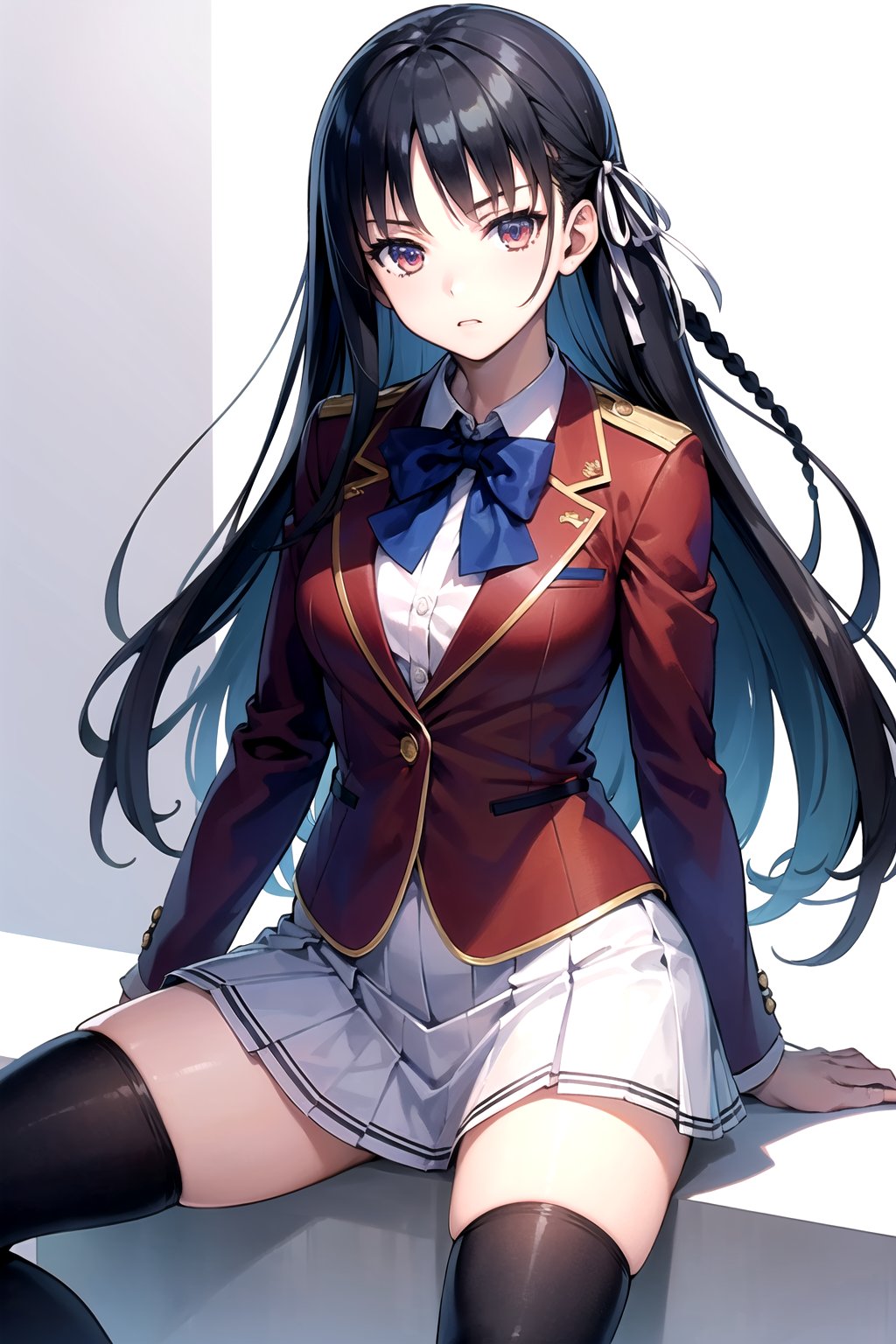 //Quality,
masterpiece, best quality
,//Character,
1girl, solo
,//Fashion, 
,//Background,
white_background
,//Others,
,spread legs, 
,aasuzune, long hair, black hair, single braid, hair ribbon, red jacket, blazer, blue bowtie, long sleeves, white skirt, black thighhighs