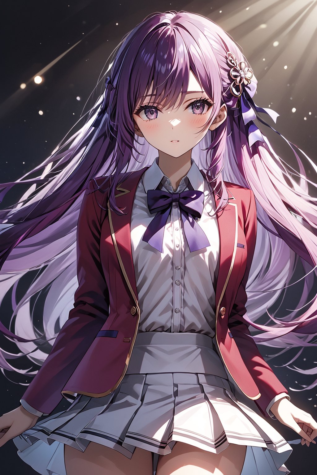 masterpiece, best quality, 8k, 8k UHD, ultra-high resolution, ultra-high definition, highres, cinematic lighting
,//Character, 
1girl, solo, masumi kamuro, 1girl, long hair, hairclip, hair ornament, purple eyes, one side up, purple hair, ribbon, hair ribbon, very long hair
,//Fashion, 
white shirt, red jacket, bowtie, pleated_skirt
,//Background, 
,//Others, ,Expressiveh