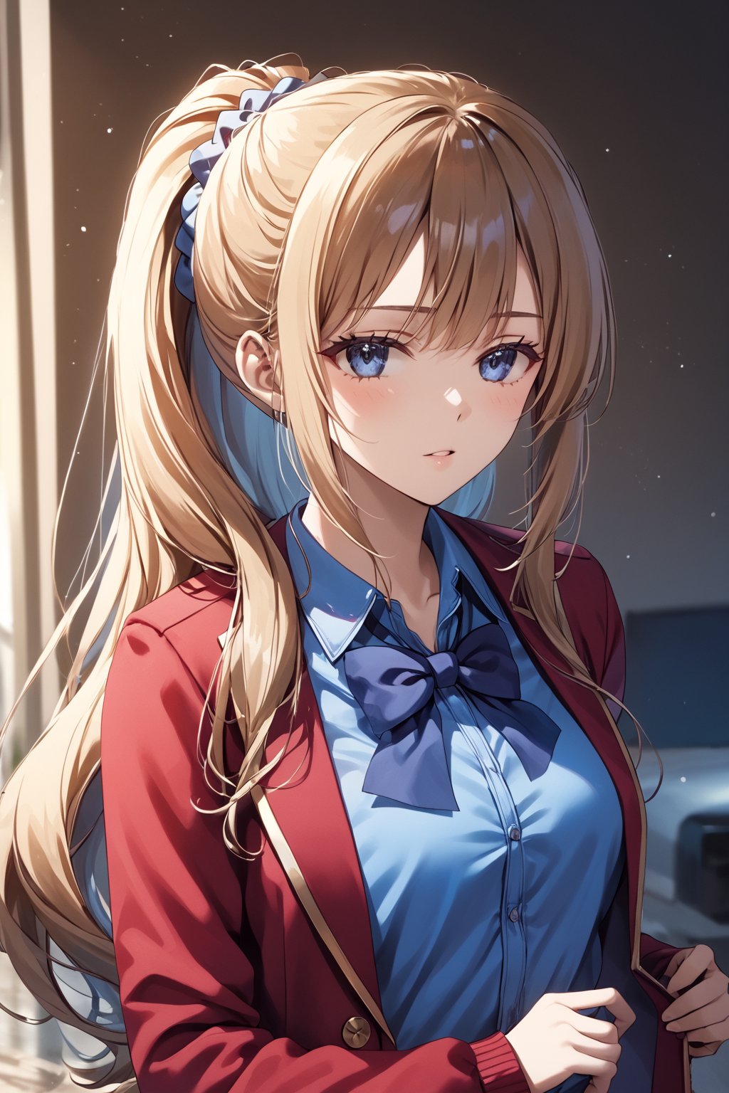 masterpiece, best quality, 8k, 8k UHD, ultra-high resolution, ultra-high definition, highres, cinematic lighting
,//Character, 
1girl, solo, long hair, scrunchie, hair scrunchie, very long hair, blue eyes, ponytail, bangshigh ponytail, blue scrunchie, brown hair, blonde hair, blunt bangsblue shirt, red jacket, bowtie
,//Fashion, 
,//Background, 
,//Others, ,Expressiveh