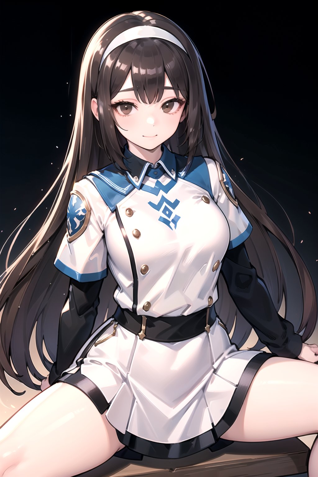 //Quality,
masterpiece, best quality
,//Character,
1girl, solo
,//Fashion, 
,//Background,
white_background
,//Others,
,spread legs, 
,Kelart, extremely long hair, brown hair, white hairband, brown eyes, medium chest, black sleeve, white outfit, black long skirt